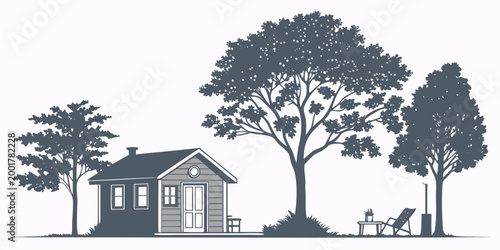 Foto Small cabin house exterior with trees and lounge chair relaxing landscape woodla