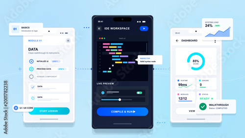 Modern coding education mobile app screens with IDE workspace, lesson checklist, dashboard metrics, code editor, and compile run controls