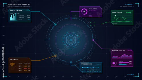 Futuristic neon callout asset kit with circular HUD display, connected telemetry panels, data nodes, core status charts and dark grid background.
