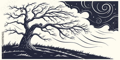 Canvas-taulu Artistic silhouette of a windblown bare tree under a swirling night sky with sil