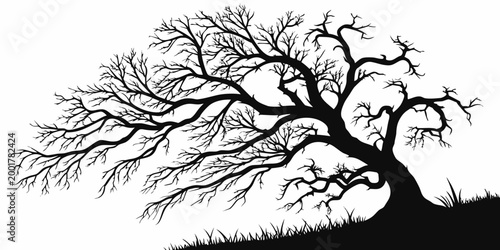 Bilde på lerret Graphic silhouette of a windswept leafless tree on a grassy hill with silhouette