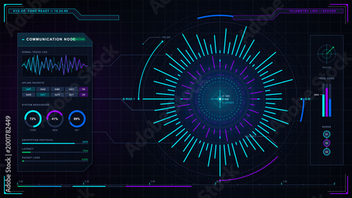 Futuristic communication HUD interface with circular telemetry radar, neon cyan and purple signal lines, gauges, charts, and dark grid background