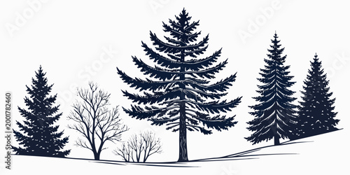 Graphic silhouette landscape featuring pine trees and leafless winter bushes silhouette landscape evergreen branches woodland illustration isolated background seasonal minimalist wilderness