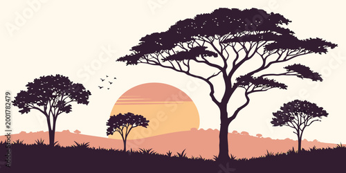 Savanna acacia tree silhouettes at sunset with silhouette landscape wilderness wildlife outdoors environment illustration botanical backdrop minimalist atmosphere peaceful