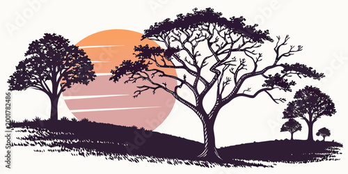 Graphic silhouette of trees on a hill against a large setting sun with silhouette landscape illustration environment outdoors backdrop botanical wilderness minimalist atmosphere peaceful