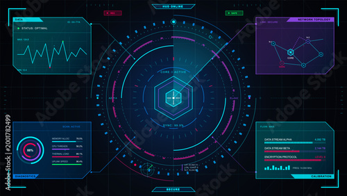 Futuristic neon HUD dashboard with central active core radar, network topology panel, diagnostics gauge, data stream controls, and grid background