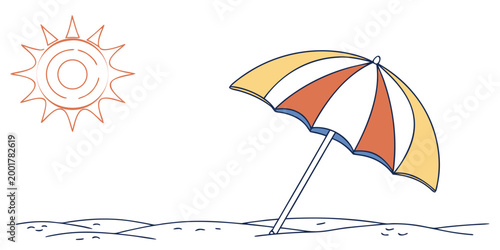 Summer beach scene with sun and striped parasol seashore vacation tropical sunshine seasonal relaxation background illustration minimalist paradise sunlight recreation