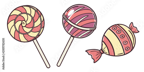 Set of three colorful hand drawn style lollipops and wrapped hard candy confectionery with lollipop confectionery colorful illustration childhood isolated aesthetic sweetness collection