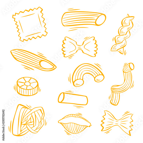 Pasta types. Hand drawn vector set of various pasta types. Farfalle, penne, fusilli, ravioli, and rigatoni. Yellow line art sketches of Italian traditional food isolated on white background for menu 