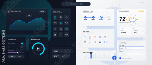 Split day and night linear UI icon set with analytics dashboard, process flow, weather card, input fields, controls and clean grid panels.