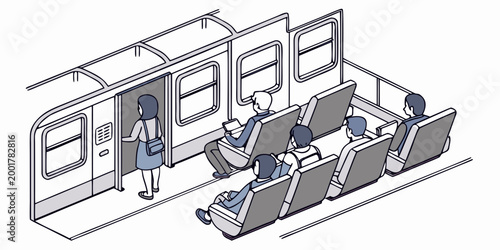 Isometric view of people sitting on train seats during commute with carriage passenger interior isometric transport commuter illustration structure transportation lifestyle perspective