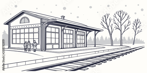 Winter scenery illustration of a vintage train station with passengers waiting on the platform during snowfall platform commuter passenger architecture building landscape snowfall transportati