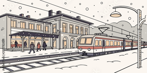 Commuter train arriving at a modern railway station platform during a light snowfall with platform commuter transportation snowfall passenger architecture building traveling departure