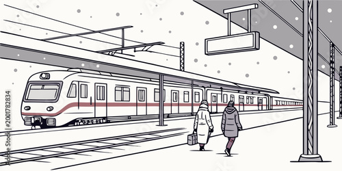 Passengers with luggage walking on a railway platform at a station during a snowy winter day platform passengers commuter transportation departure snowfall infrastructure architecture