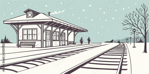 Empty railway platform with a waiting bench at a countryside station during winter platform snowfall commuter transportation landscape architecture building illustration monochrome traveling