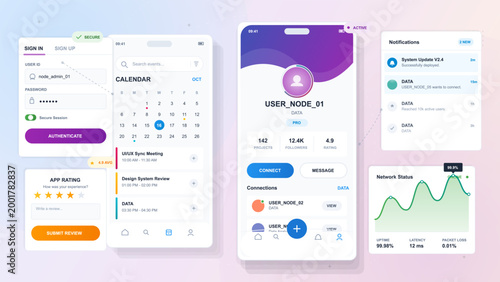 Modern vector mockup of mobile user profile and calendar app interface with secure sign in, notifications, app rating and network status cards