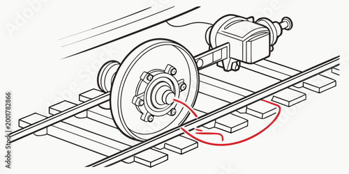 Diagram of a train wheel and braking system on tracks with railroad engineering technical mechanical transportation mechanism assembly industrial blueprint schematic infrastructure systemic
