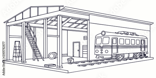 Outline drawing of a modern passenger train in a large railway maintenance shed with maintenance workshop locomotive railroad industrial transport building structure staircase facility