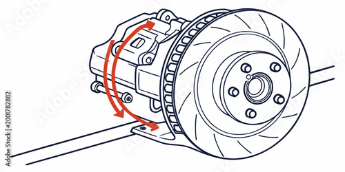 Technical graphic showing a disc brake system on a wheel hub with automotive mechanical engineering technical component machinery schematic illustration technology industrial maintenance
