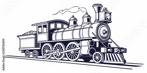 Detailed black and white illustration of a classic steam locomotive with chimney smoke locomotive railroad transportation historical transport mechanical industry engineering illustration
