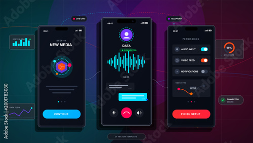 Dark neon communication app interface with three mobile screens, live chat waveform, media onboarding, permissions toggles and data widgets
