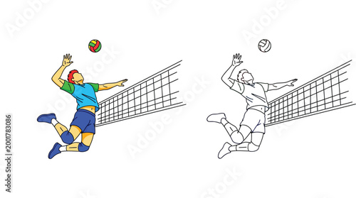 Volleyball Player Spiking Ball Over Net Vector Set, Male Athlete Jumping for Attack in Flat Color and Outline Style, Professional Sport Action Illustration Graphic Resource