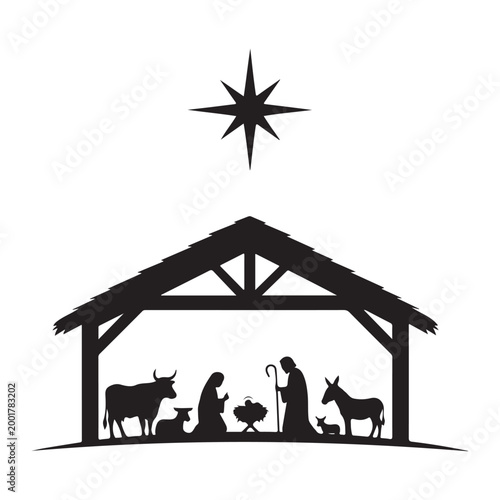 Christmas nativity scene silhouette with holy family and star of Bethlehem isolated on white background vector