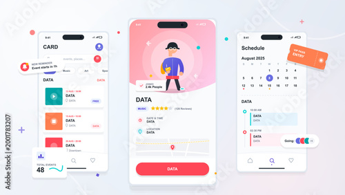 The display shows a mobile app for managing events. Users can view their schedules, data, and event details for August 2025. Some features include ratings and event categories.