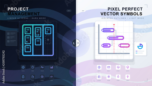 Split dark and light project management UI icon set with kanban board, timeline chart, outline symbols and clean grid interface panel layouts.