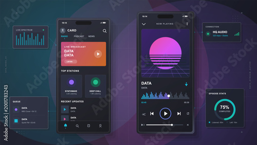 Dark radio streaming app interface with live broadcast screen, now playing player, spectrum bars, queue cards, and episode stats on grid.