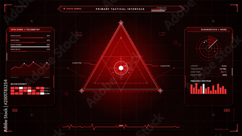 A tactical interface displays telemetry data and diagnostics in a red color scheme. The system status indicates core, node, and network performance during an operation.