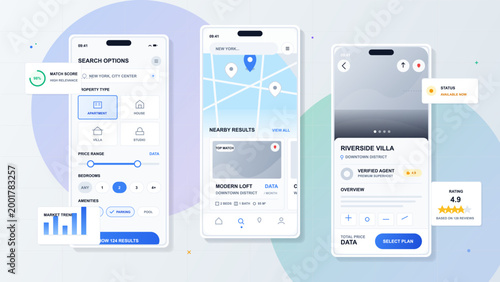 A mobile app interface displays various search options for real estate in New York. Users can view properties, location maps, and nearby amenities.