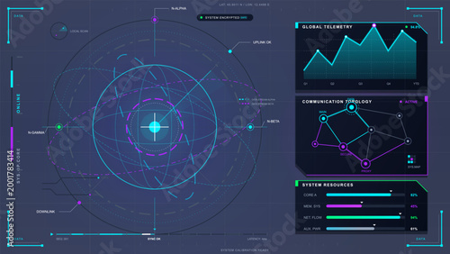 The screen shows data from a satellite system. It displays telemetry metrics, resource usage, and communication technology links in a dark, digital layout. Updates appear in real-time.