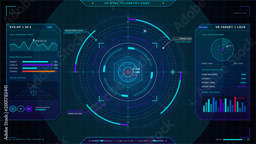 Futuristic virtual reality telemetry HUD with target lock radar, frequency trace, diagnostics panels, spectrum chart and dark cyber grid.