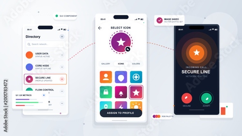 Modern vector mockup of mobile finance app screens with loan account, secure vault, payment plan, interest rate cards and transaction dashboard