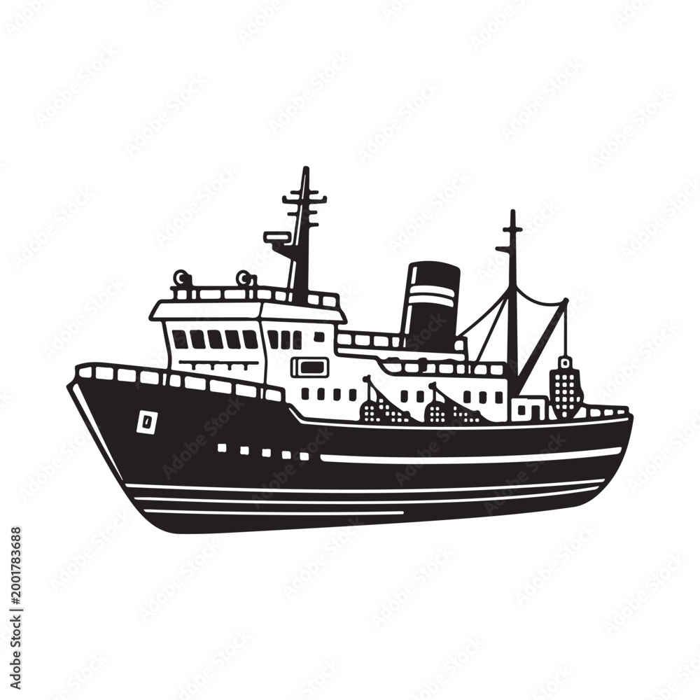 Obraz premium Black and white illustration of a ship isolated on white background