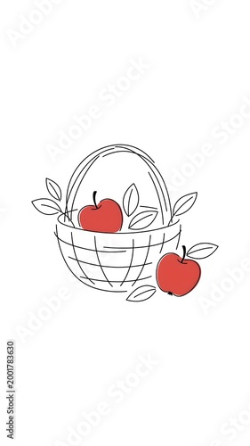 A stylish, minimalist line drawing featuring a woven basket filled with fresh red apples