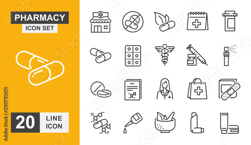 Pharmacy line icon set. Drugstore, Medical Store, Healthcare Pharmacy, Medicine Shop, аптекa, Pharmacist, Medication, Prescription Service, Health Care and more line icon.