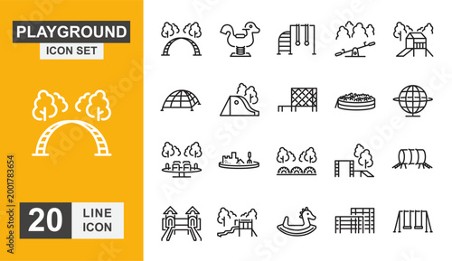 Playground line icon set for Kids Playground, Outdoor Playground, Children Park, Play Area, Kids Activity, Park Equipment, Fun Playground, School Playground, Recreation Area and more line icon.