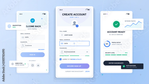 Clean account authentication app interface with login, secure signup, verified profile setup, encryption widgets and network traffic chart.