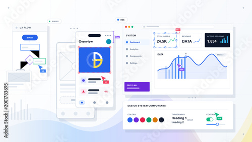 Multiple user interface elements are shown on a screen. There are icons, graphs, and text boxes related to a mobile app project. Tools for design are visible along with data metrics.