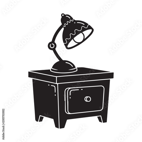 Black and white illustration of a desk lamp on a nightstand