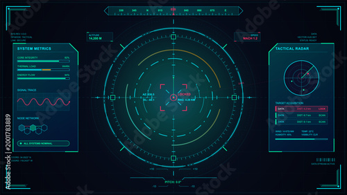 Dark tactical radar HUD vector with locked target reticle, system metrics, signal trace, node network and target acquisition panels on grid