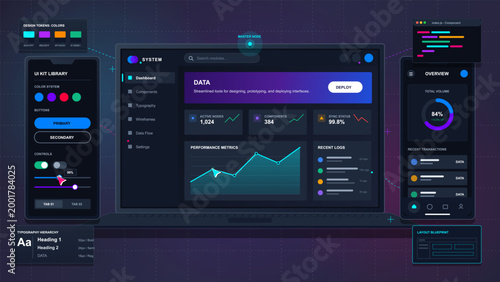 Dark design system dashboard UI with laptop analytics screen, color token panels, UI kit library, mobile overview app and layout blueprint on grid