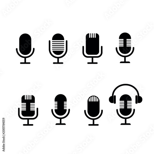 Podcast Microphone Icons Set. Audio Recording, Voice Message, Podcasting UI Symbols Collection.