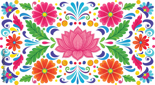 Colorful mexican folk art floral pattern with lotus flower daisies leaves and decorative swirls isolated on white background flat style vector illustration