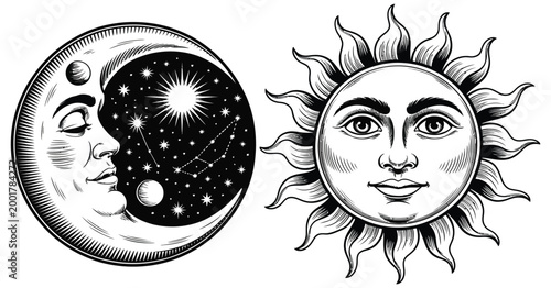 Sun and Moon with Faces Vintage Vector Illustration, Day and Night Concept in Hand Drawn Engraving Style, Astrology Symbol, Celestial Design for Spiritual, Esoteric and Zodiac Themes