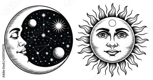 Sun and Moon with Faces Vintage Vector Illustration, Day and Night Concept in Hand Drawn Engraving Style, Astrology Symbol, Celestial Design for Spiritual, Esoteric and Zodiac Themes