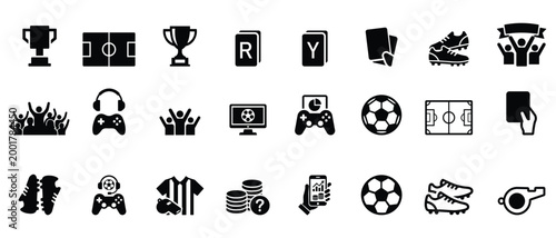Soccer and Sports Betting Glyph Icon Set: Solid Vector Symbols for Football Analytics, Referee Cards, Fan Celebration, and Online Gambling Statistics