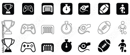 Football and Soccer Sports Icon Pack: Vector Symbols for Rugby, Gaming, and Athletics in Solid, Outline, and Glyph Styles